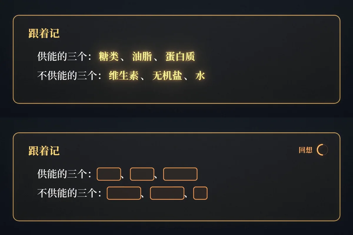 化学第 1 题讲解里的跟着记：上面先看一眼六大营养素，下面遮住，自己回想。